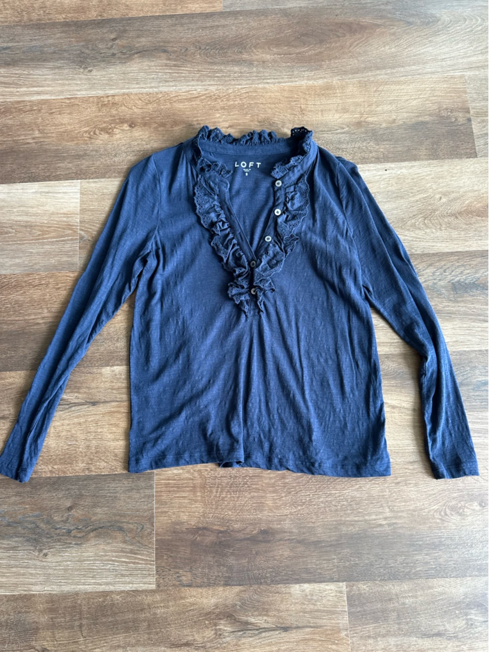 LOFT Navy Ruffle-Trim Long Sleeve Top